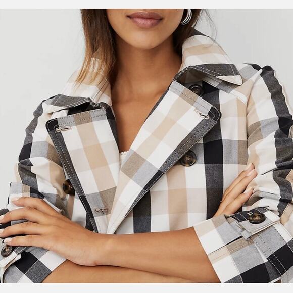 Ann Taylor Medium Weekend Collection tan black cream Plaid Short Trench Coat - Picture 7 of 11